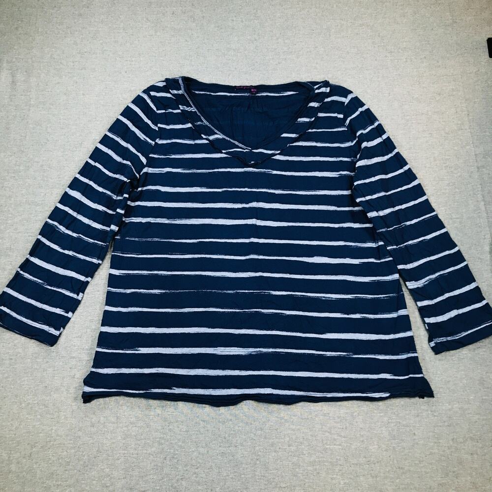 Fresh Produce Women's Medium/Large Blouse Blue Striped Cotton V Neck Granola H6
